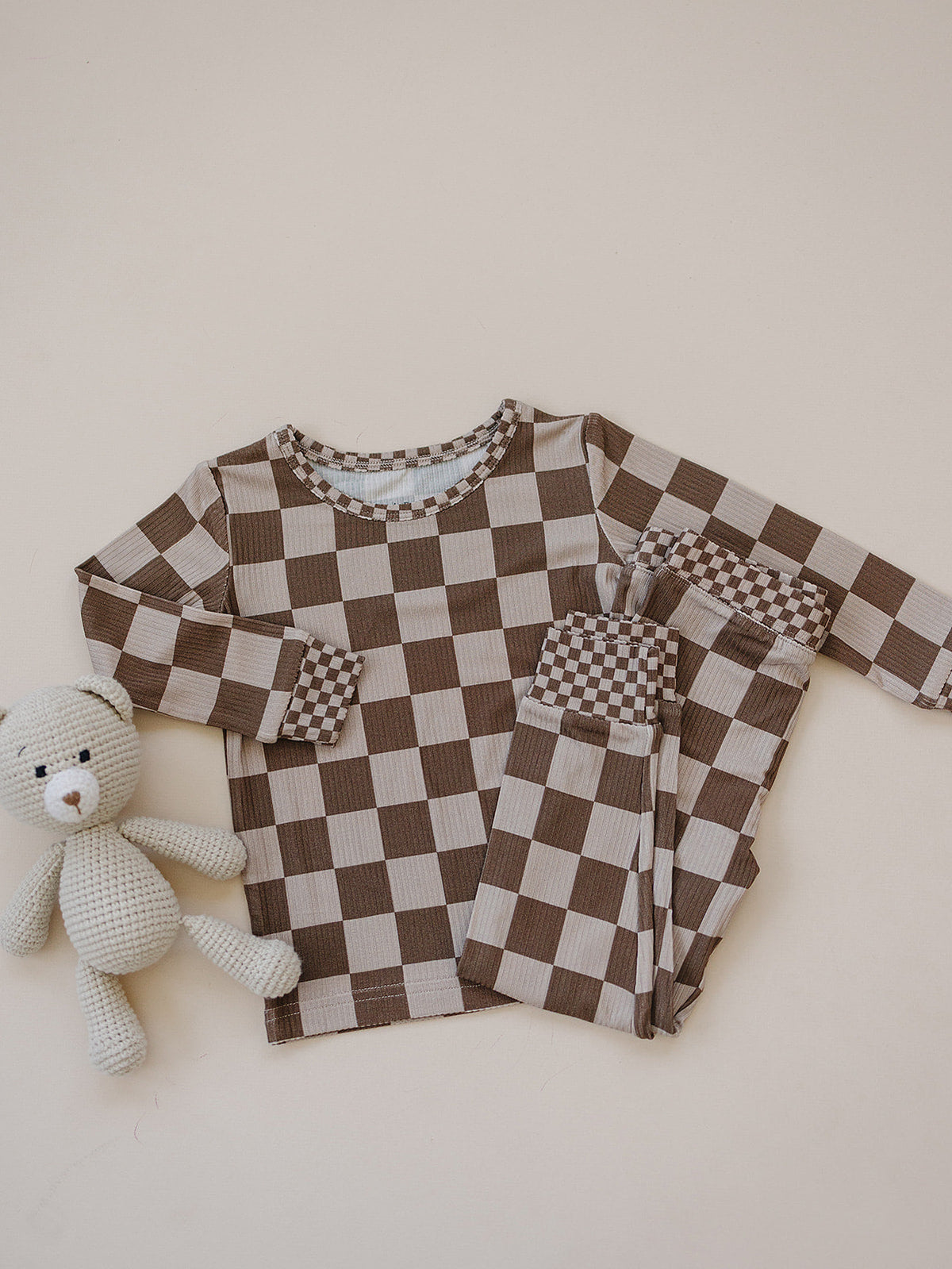 Ribbed Bamboo Two Piece Set | Latte Checkered