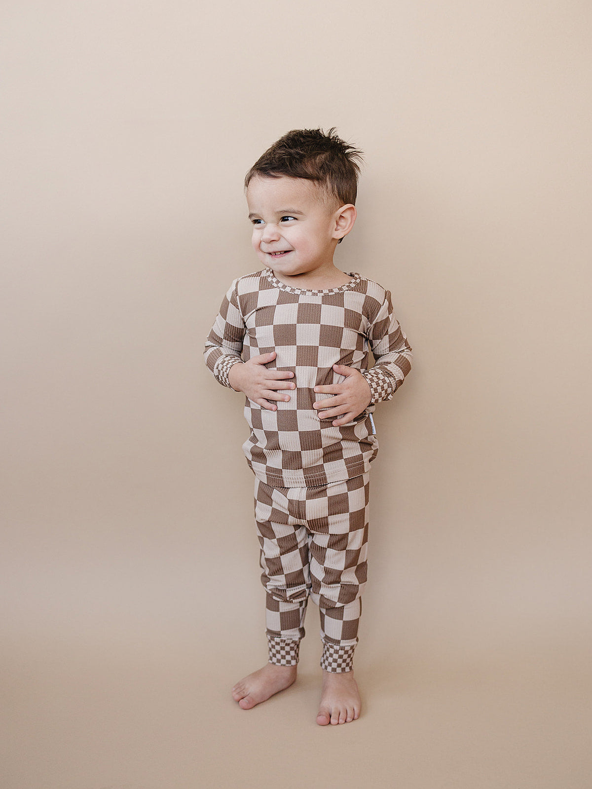 Ribbed Bamboo Two Piece Set | Latte Checkered
