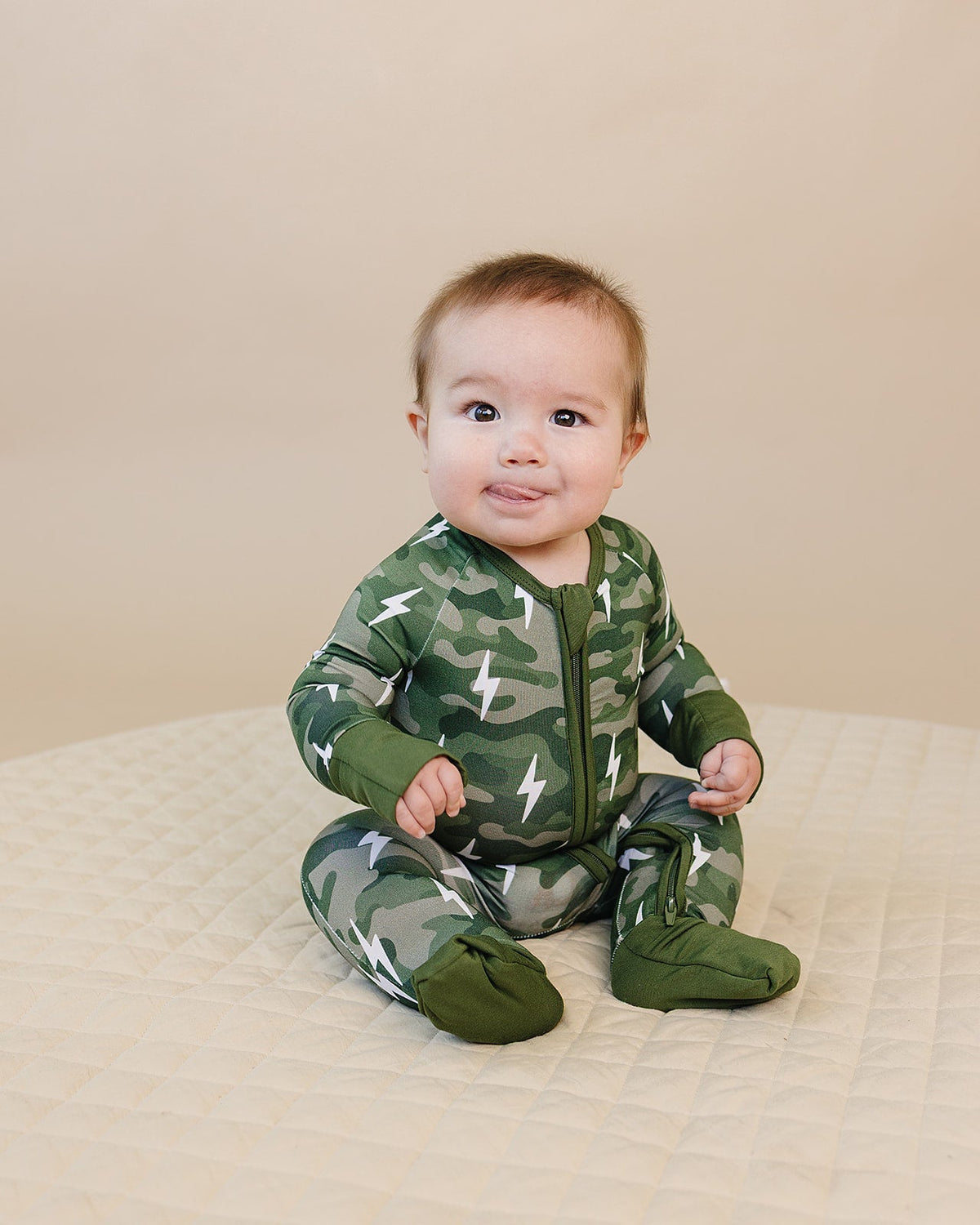 Bamboo Zip Romper | Green Camo Bolts