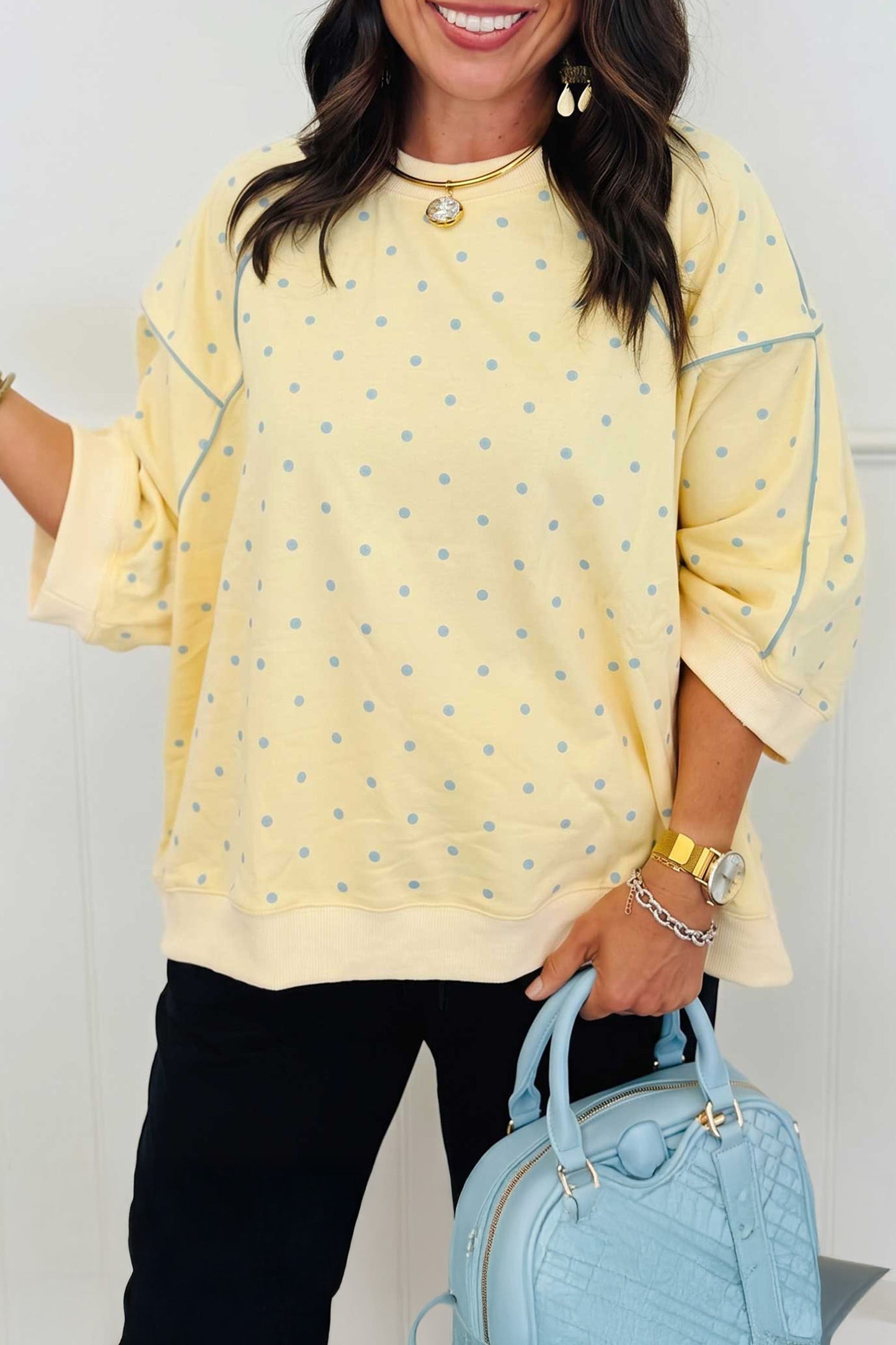 Yellow Polka Dot Print Piping Trim Relaxed Top