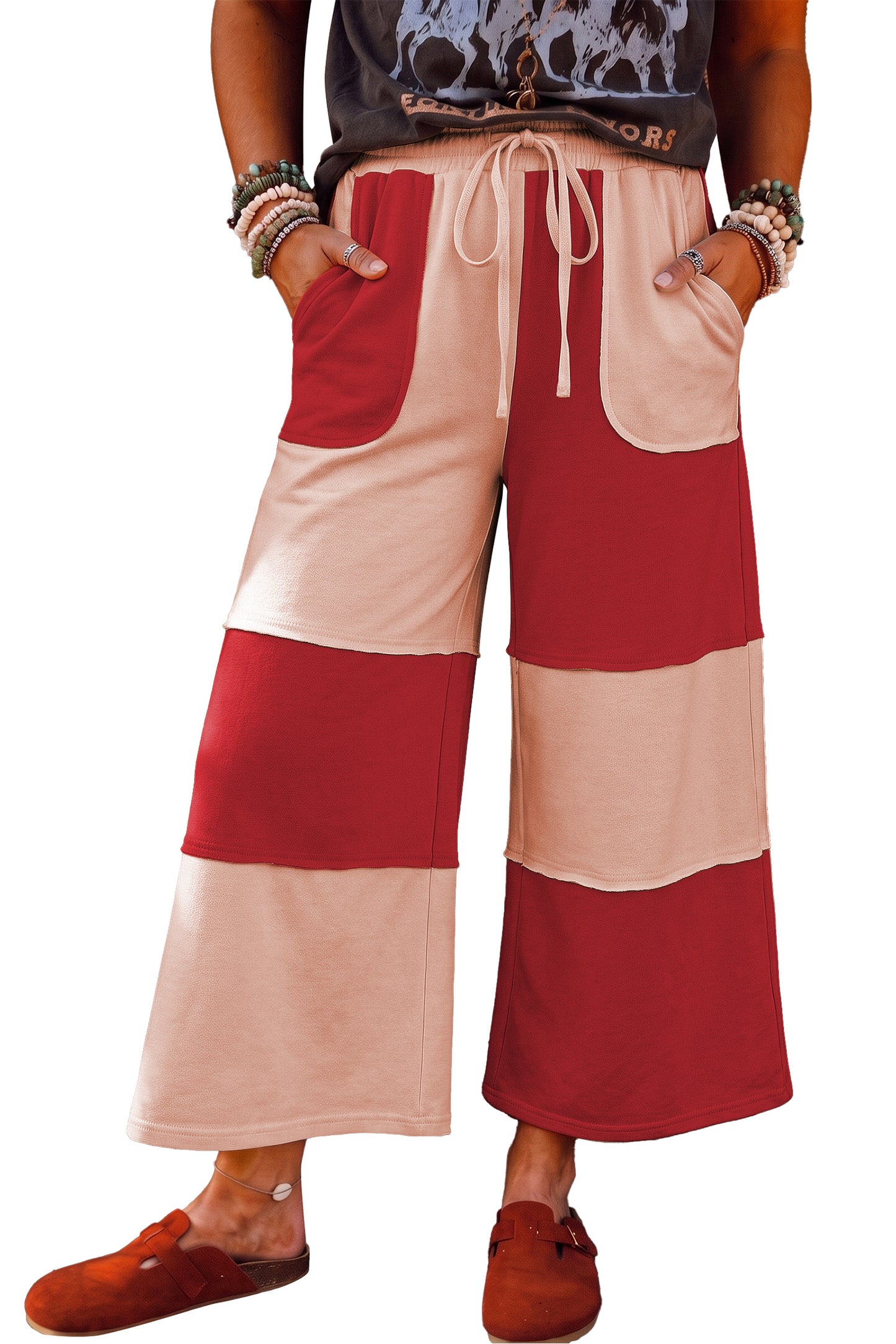 Raw Seam Colorblock Wide Leg Ankle Length Pants