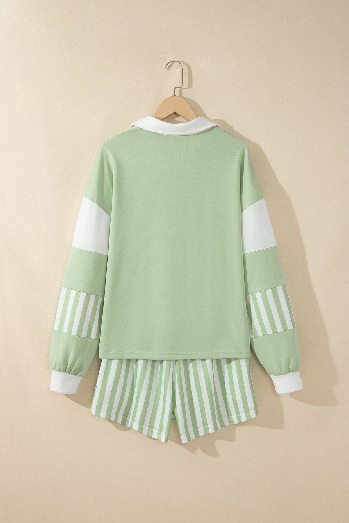 Striped Color Block Pullover Top Drawstring Shorts Set