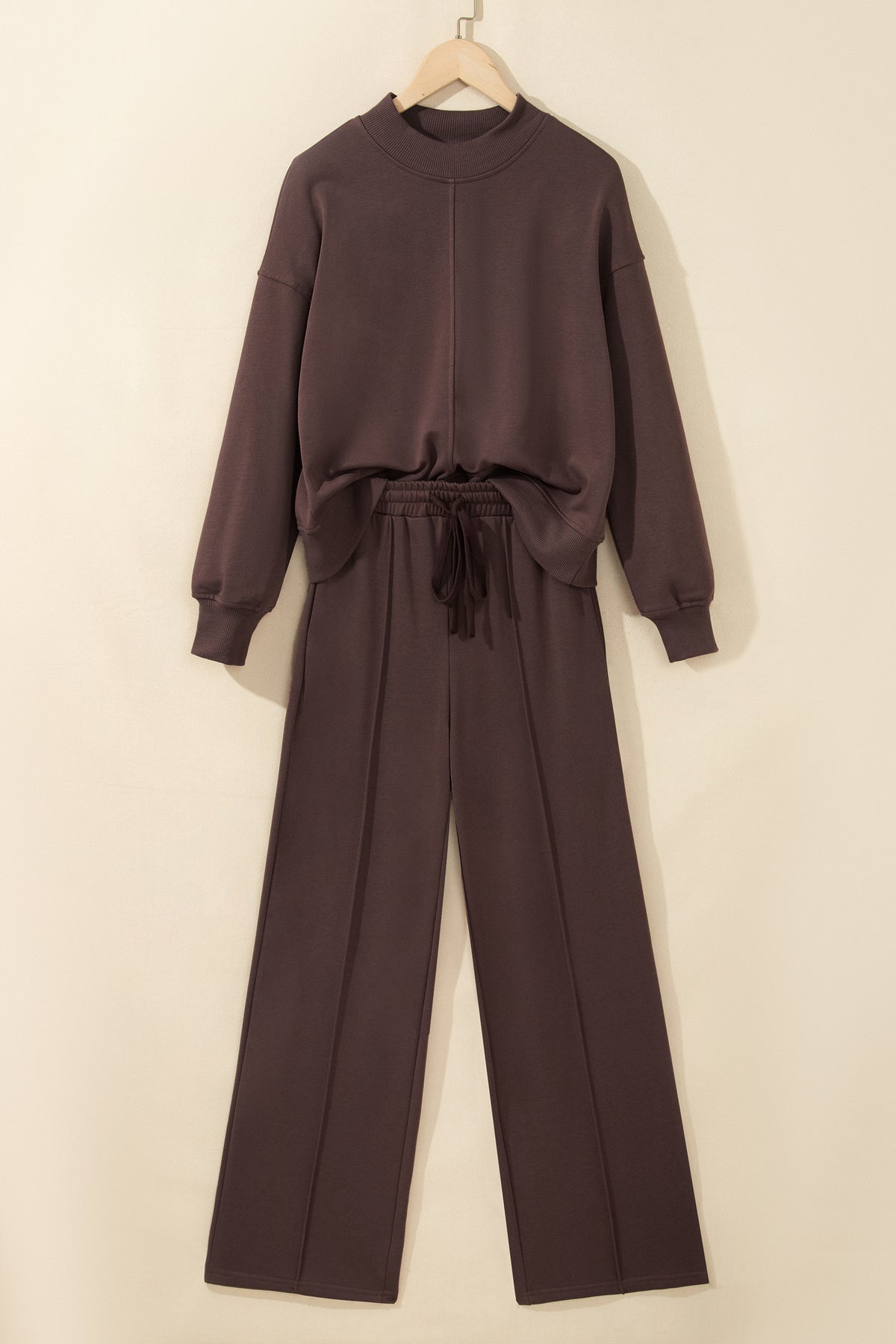 Coffee Solid Color Mock Neck Pullover Drawstring Pants Set