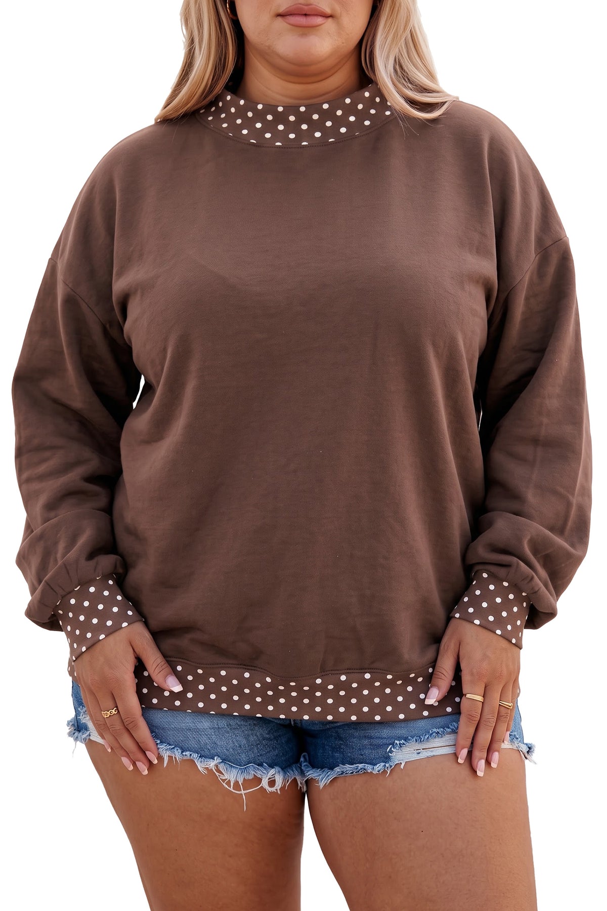 Polka Dot Patchwork Round Neck Plus Size Sweatshirt