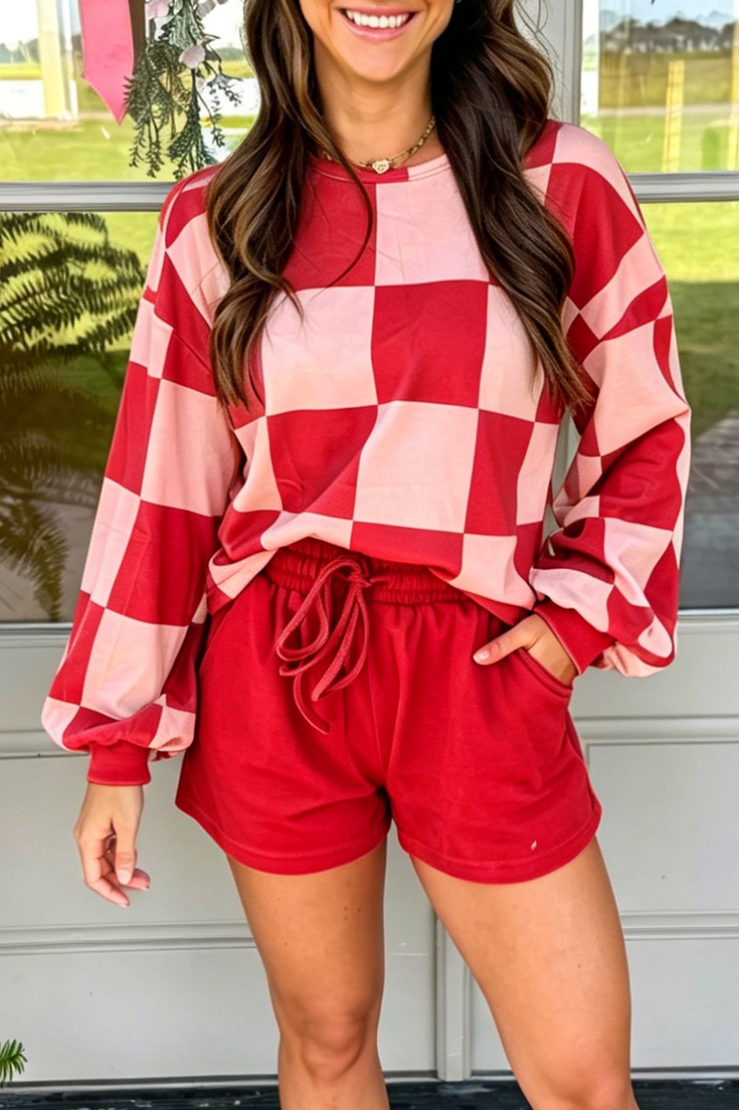 Checkered Long Sleeve Solid Color Shorts Set