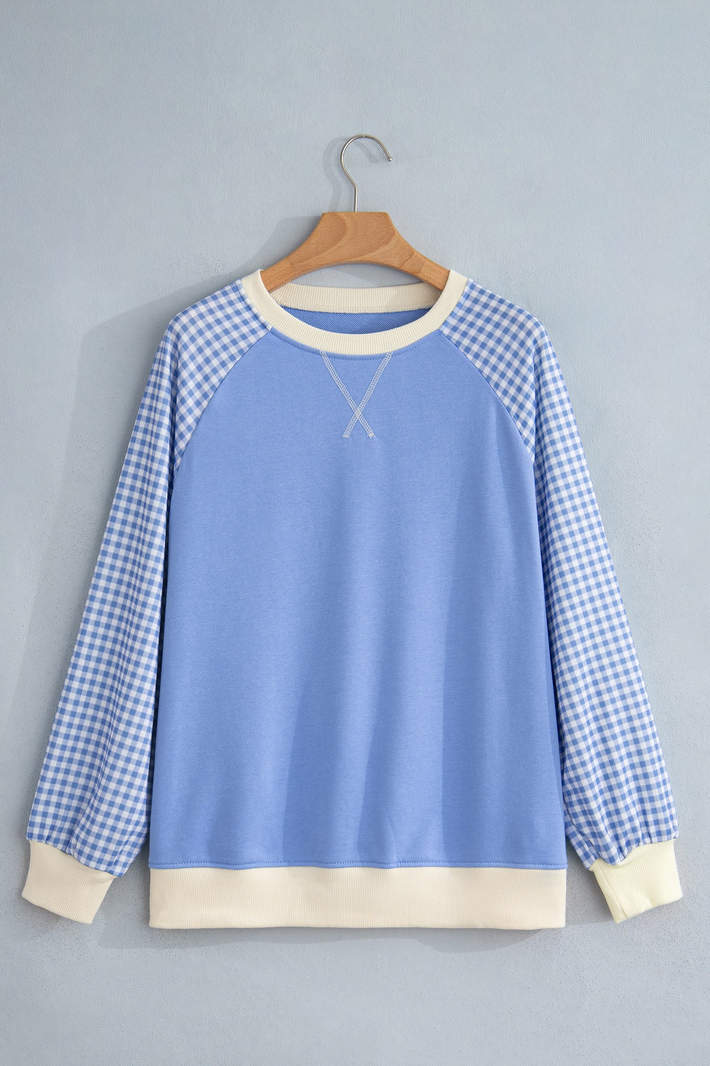 Beige Plaid Sleeve Colorblock Raglan Pullover Sweatshirt