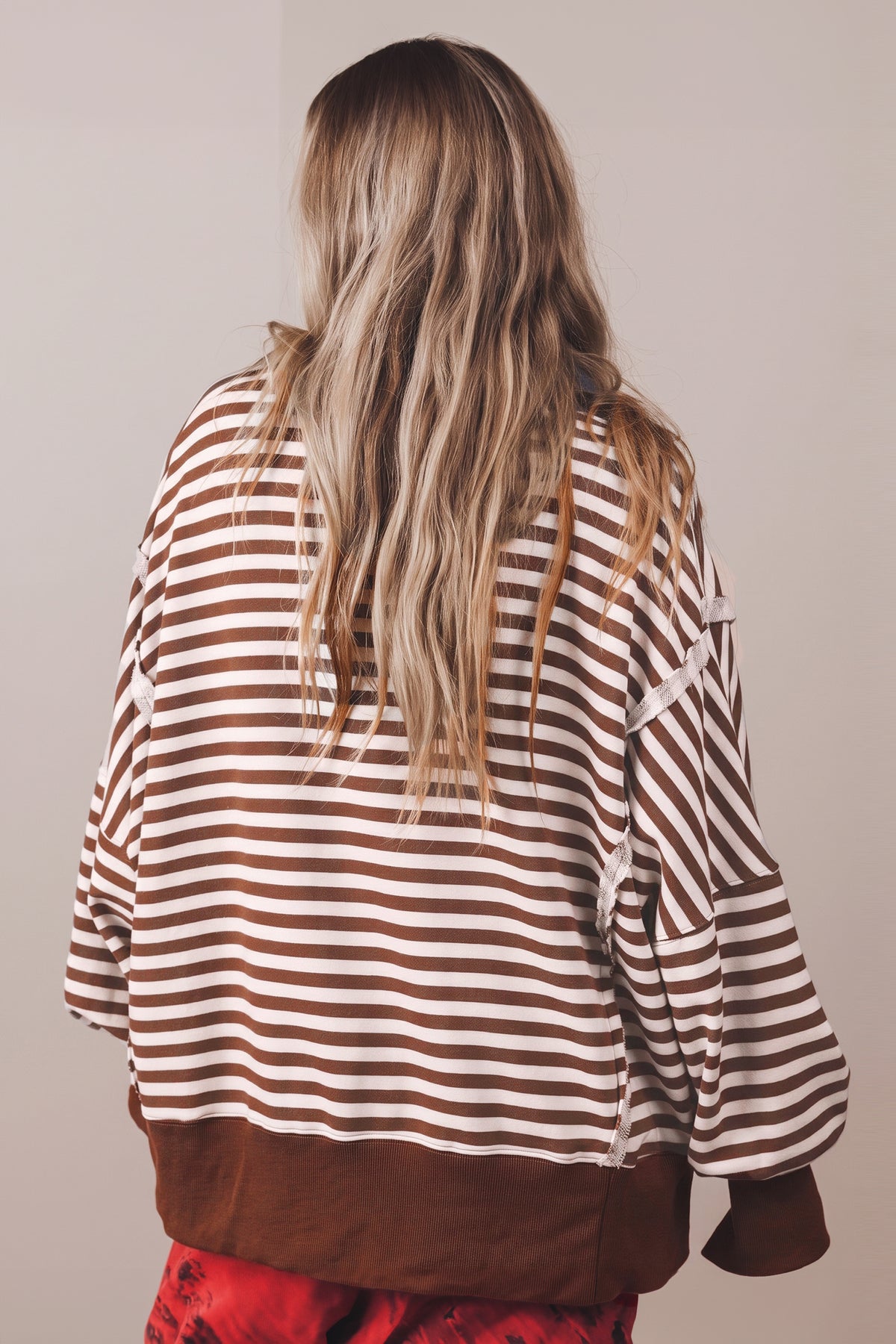 Stripe Color Block Trim Raw Seam Split Hem Loose Pullover Sweatshirt