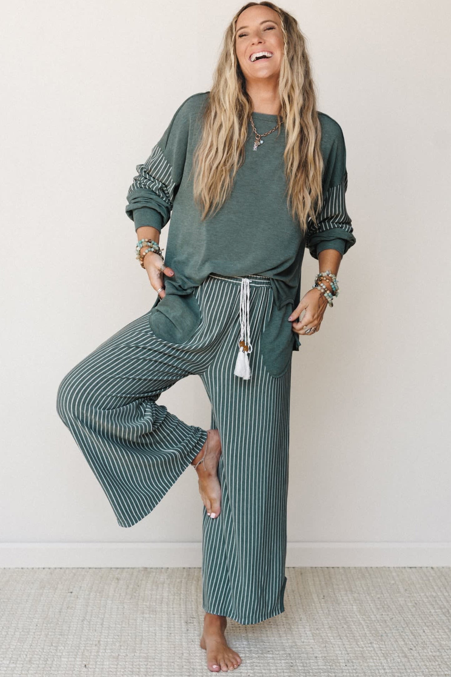 Fushia Raw Seam Patchwork Long Sleeve Top Pocket Casual Pants 2pcs Set