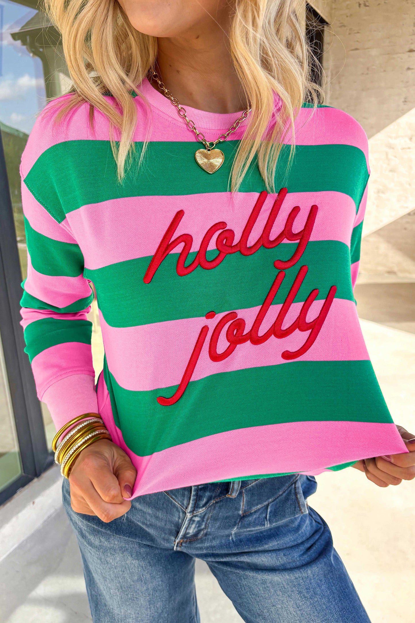 Striped Holly Jolly Embroidered Pullover Sweatshirt