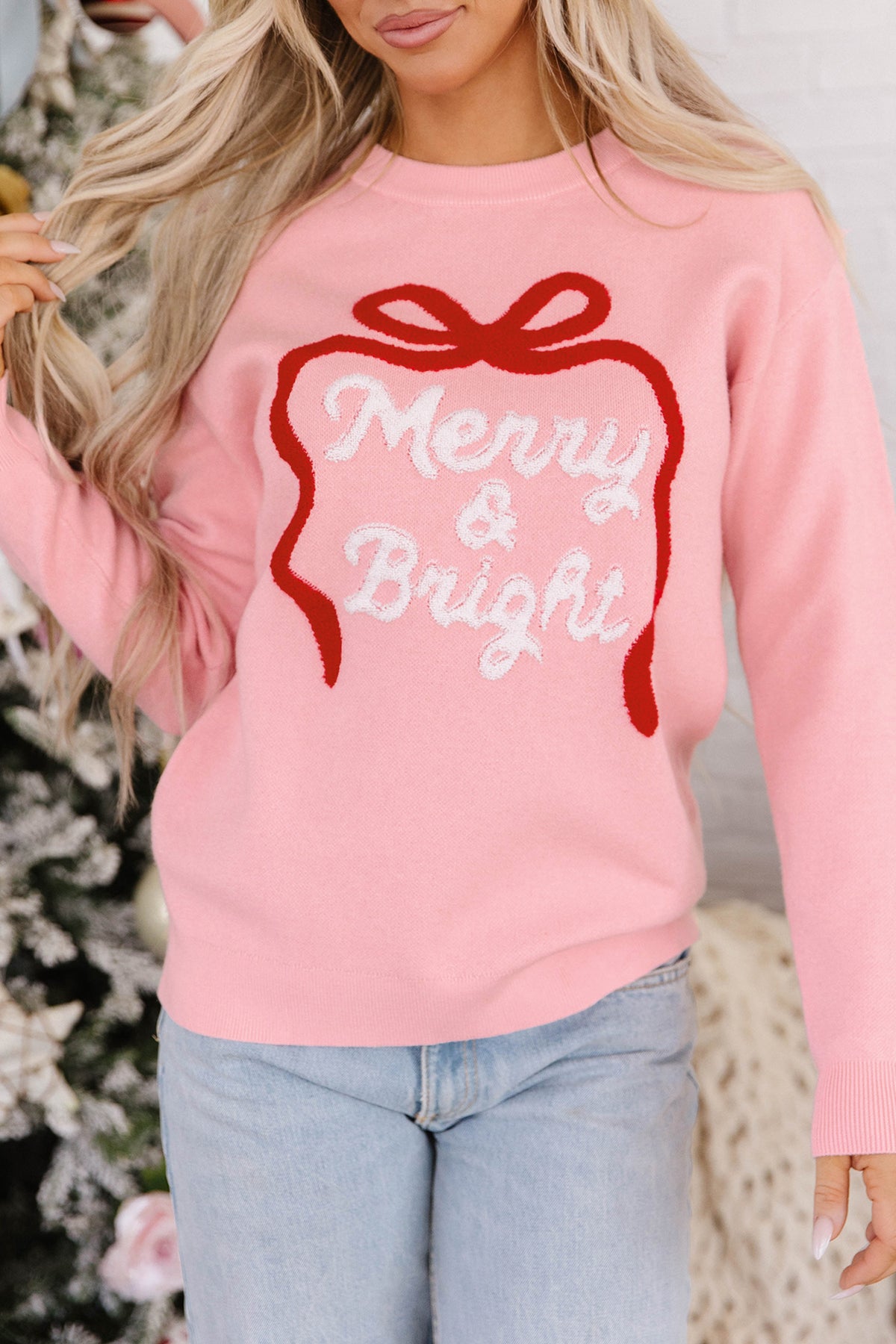 Pink Drop Shoulder Embroidery Sweater