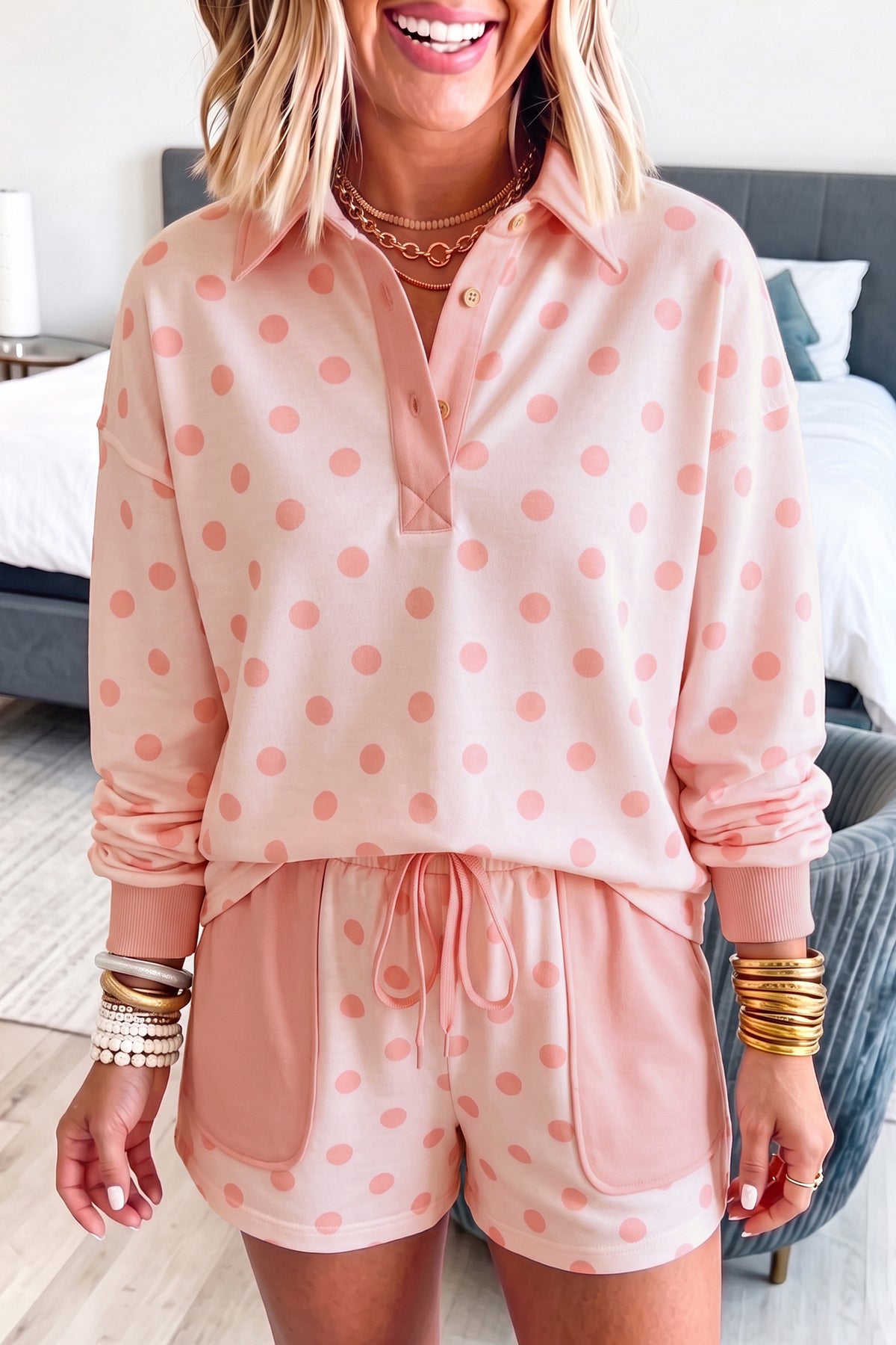 Polka Dot Drop Shoulder Polo Loose Pullover Patch Pocket Casual Shorts Set