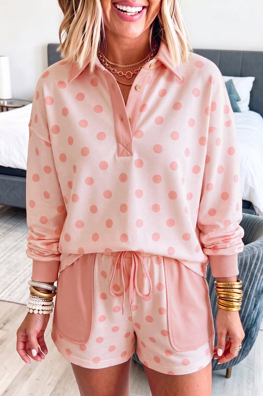 Polka Dot Drop Shoulder Polo Loose Pullover Patch Pocket Casual Shorts Set