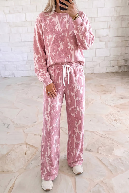 Pink Abstract Floral Print Loose Pullover Drawstring Pants 2pcs Set