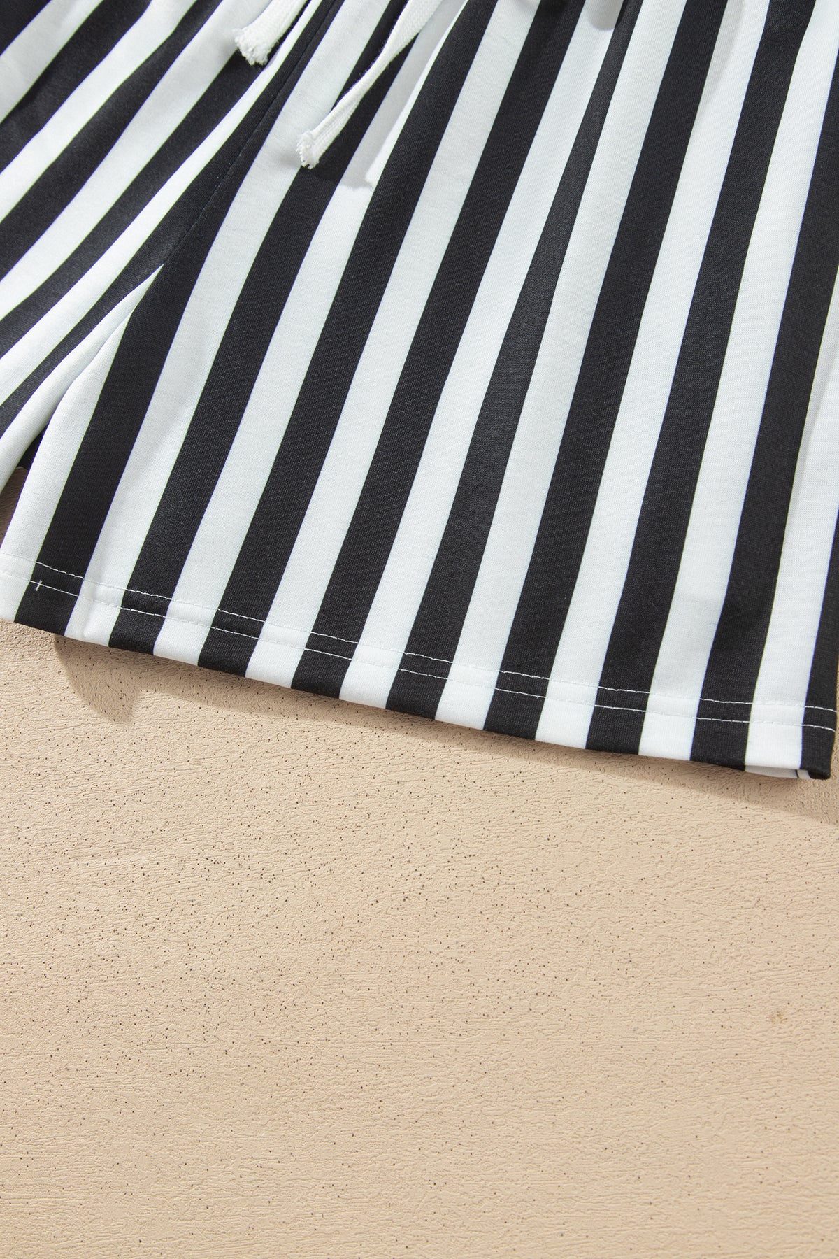 Striped Color Block Pullover Top Drawstring Shorts Set