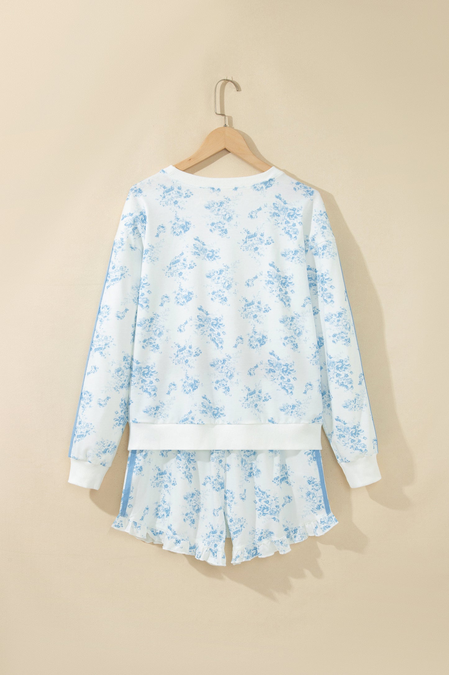 Sky Blue Floral Print Striped Detail Long Sleeve Top Ruffle Hem Shorts 2pcs Set