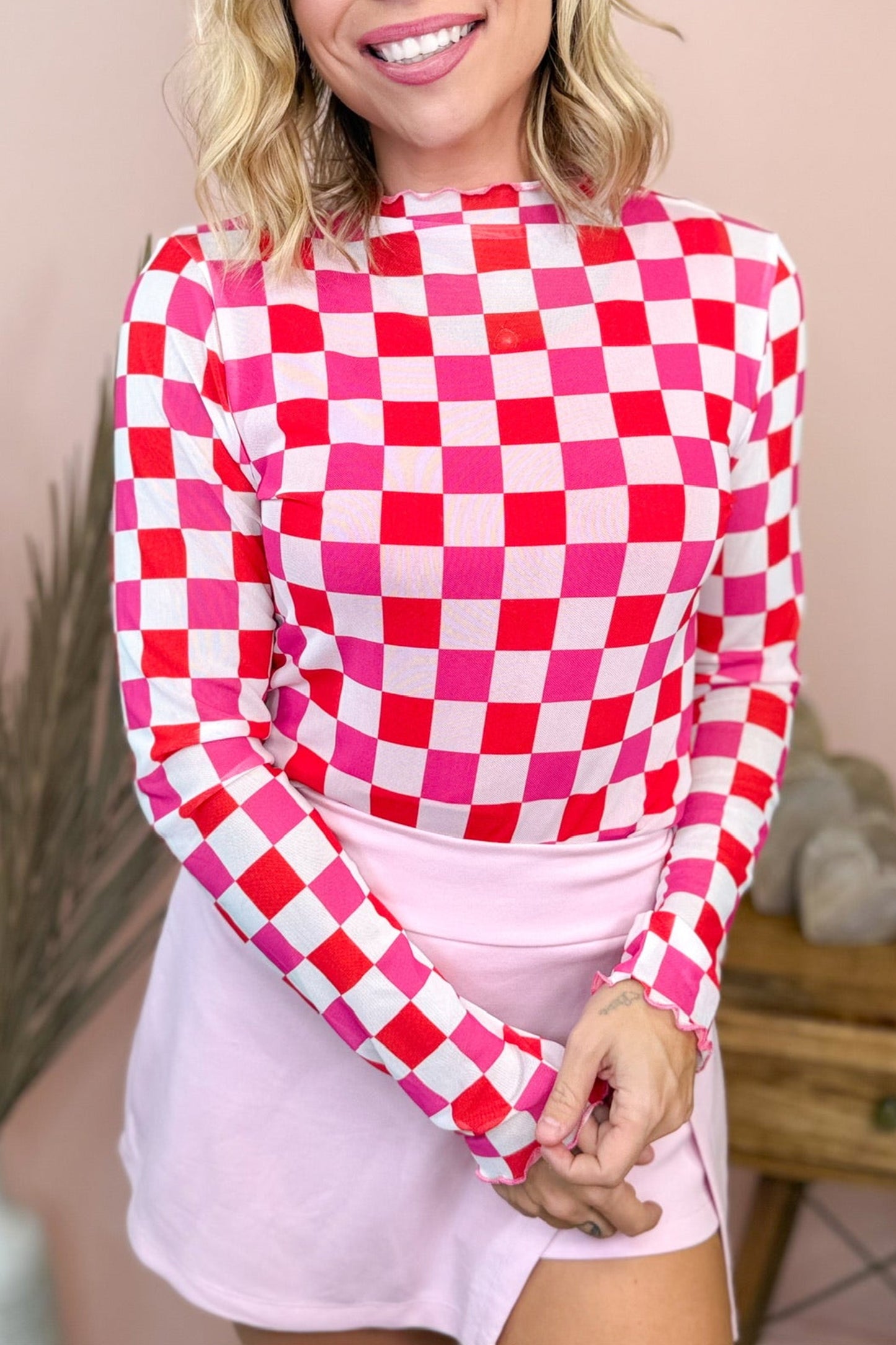 Checkered Long Sleeve Mesh Top