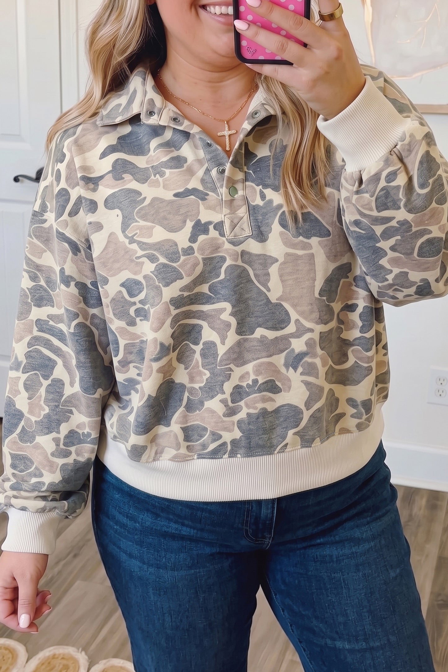 Casual Camo V-Neck Buttoned Plus Size Sweatshirt