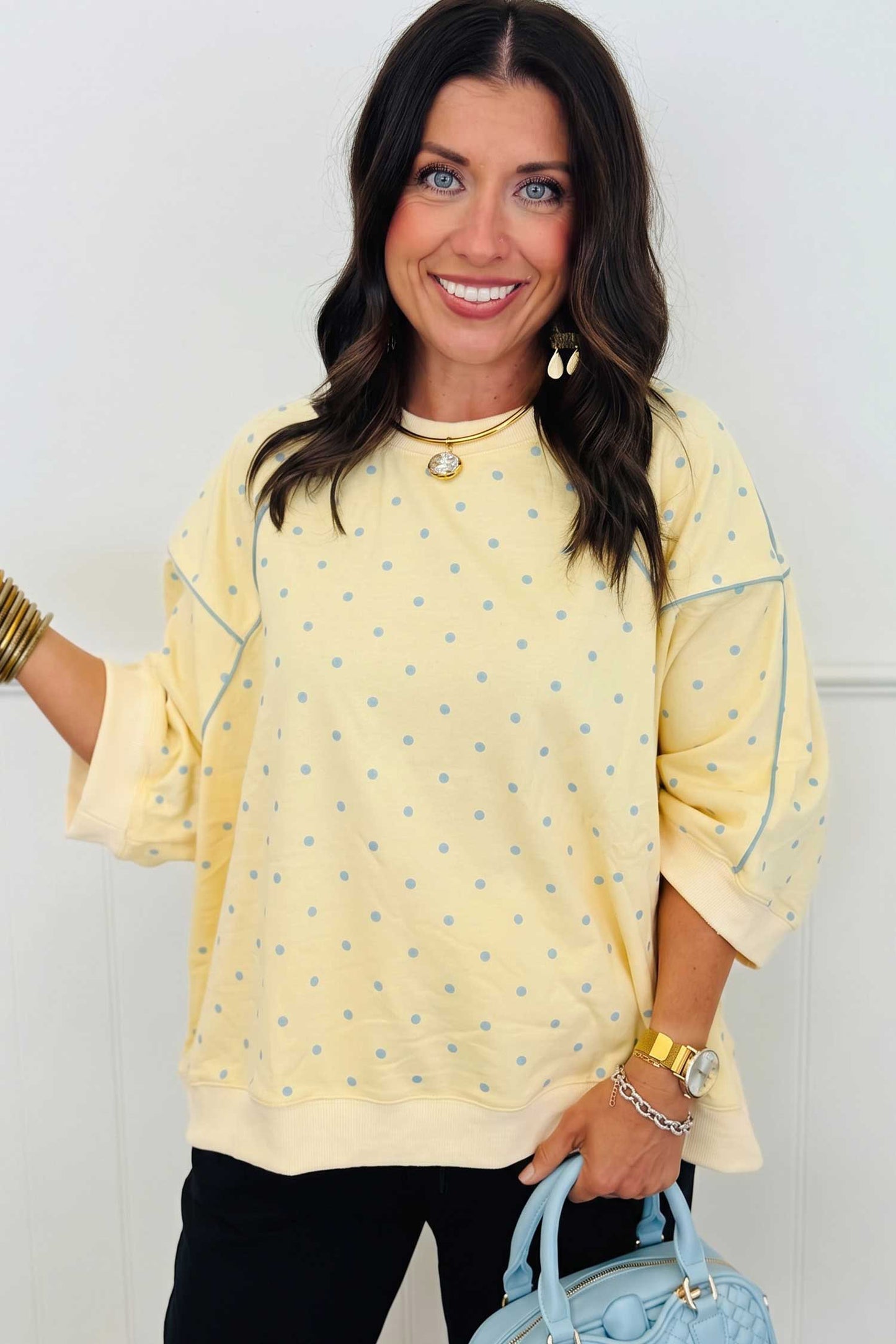 Yellow Polka Dot Print Piping Trim Relaxed Top