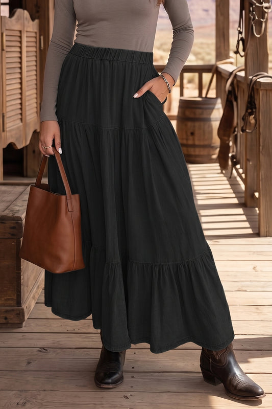 Elastic Waist Ruffled Tiered Flared Denim Maxi Skirt