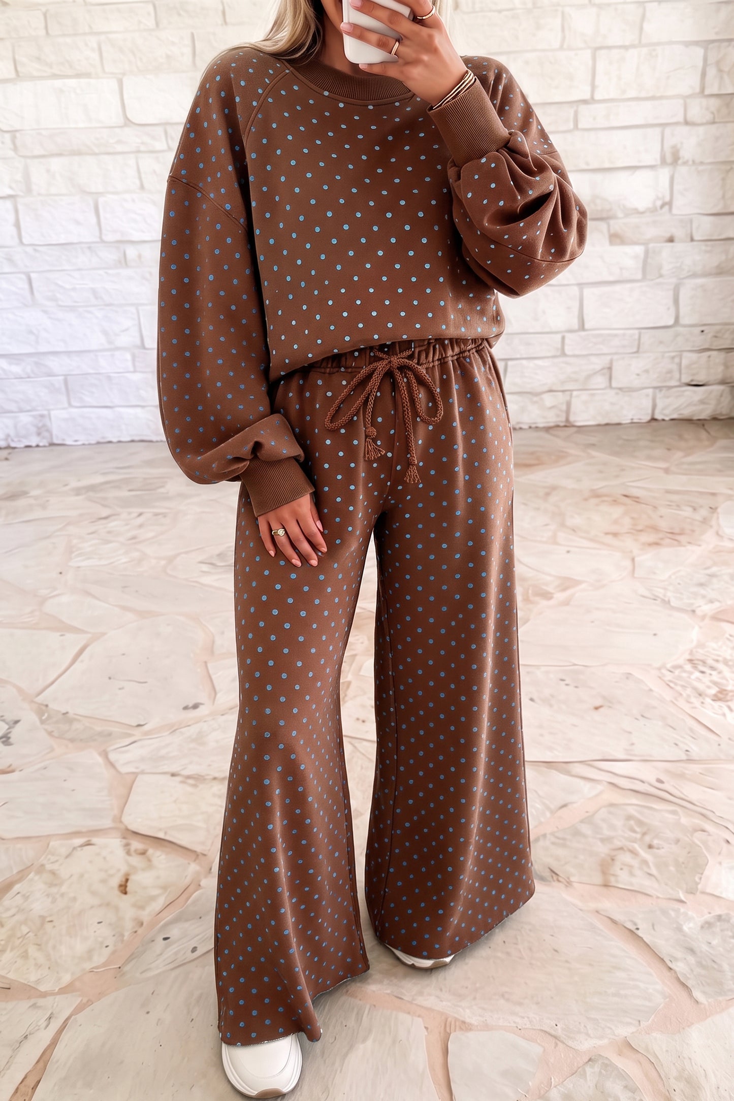 Polka Dot Drawstring Wide Leg Long Sleeve Top Pant Set