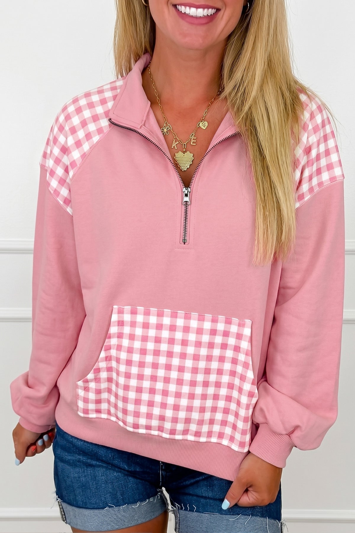 Patchwork Plaid Pocket Quarter Zip Sweatshirt