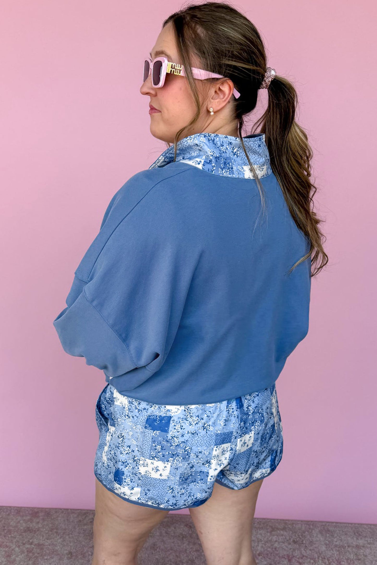 Blue Floral Patchwork V-Neck Long Sleeve Short Bottoms Plus Size Set
