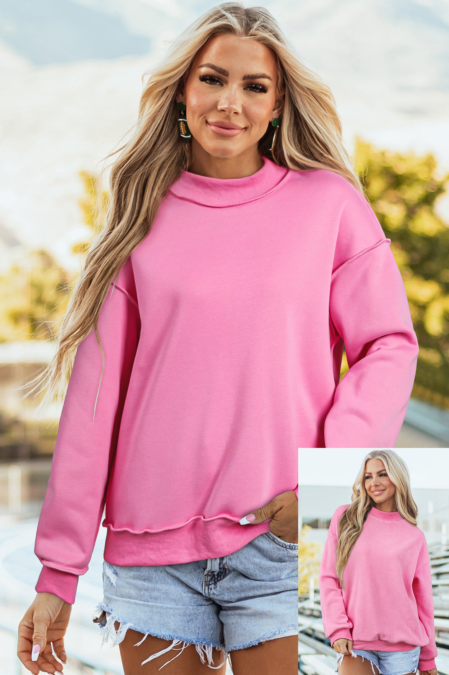 Oversized Drop Shoulder Reversible Mock Neck Sweatshirt