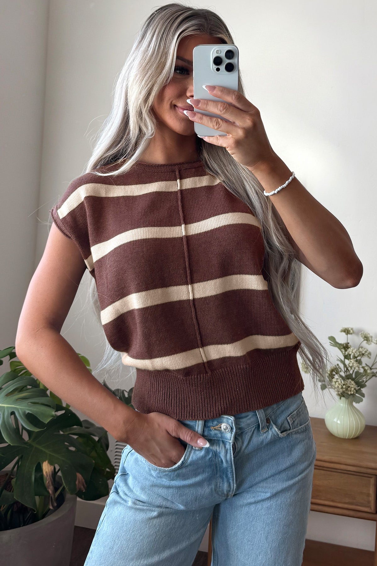Striped Knit Short Sleeve Sweater