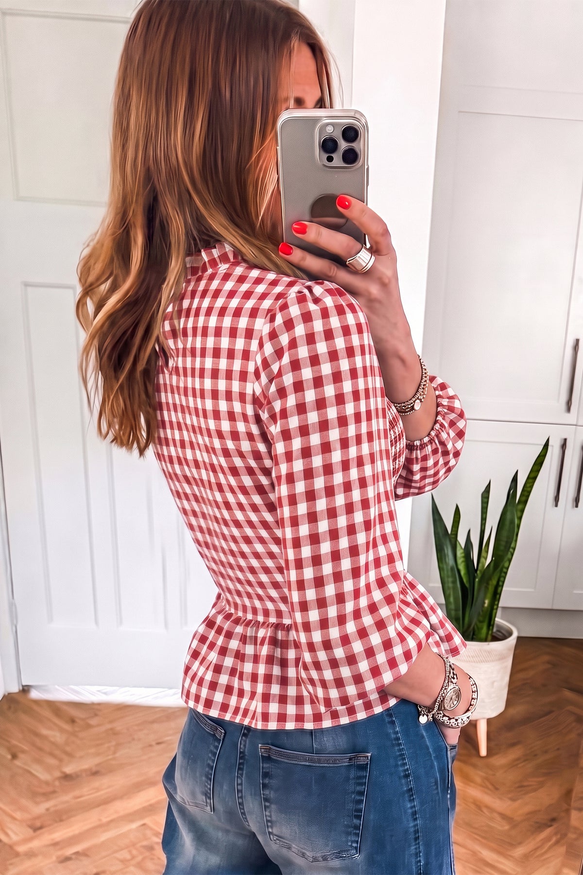 Shirred Plaid Peplum Top