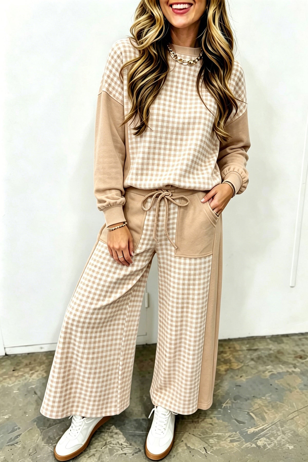 Color Block Plaid Patchwork Long Sleeve Pullover Wide Leg Pant Set