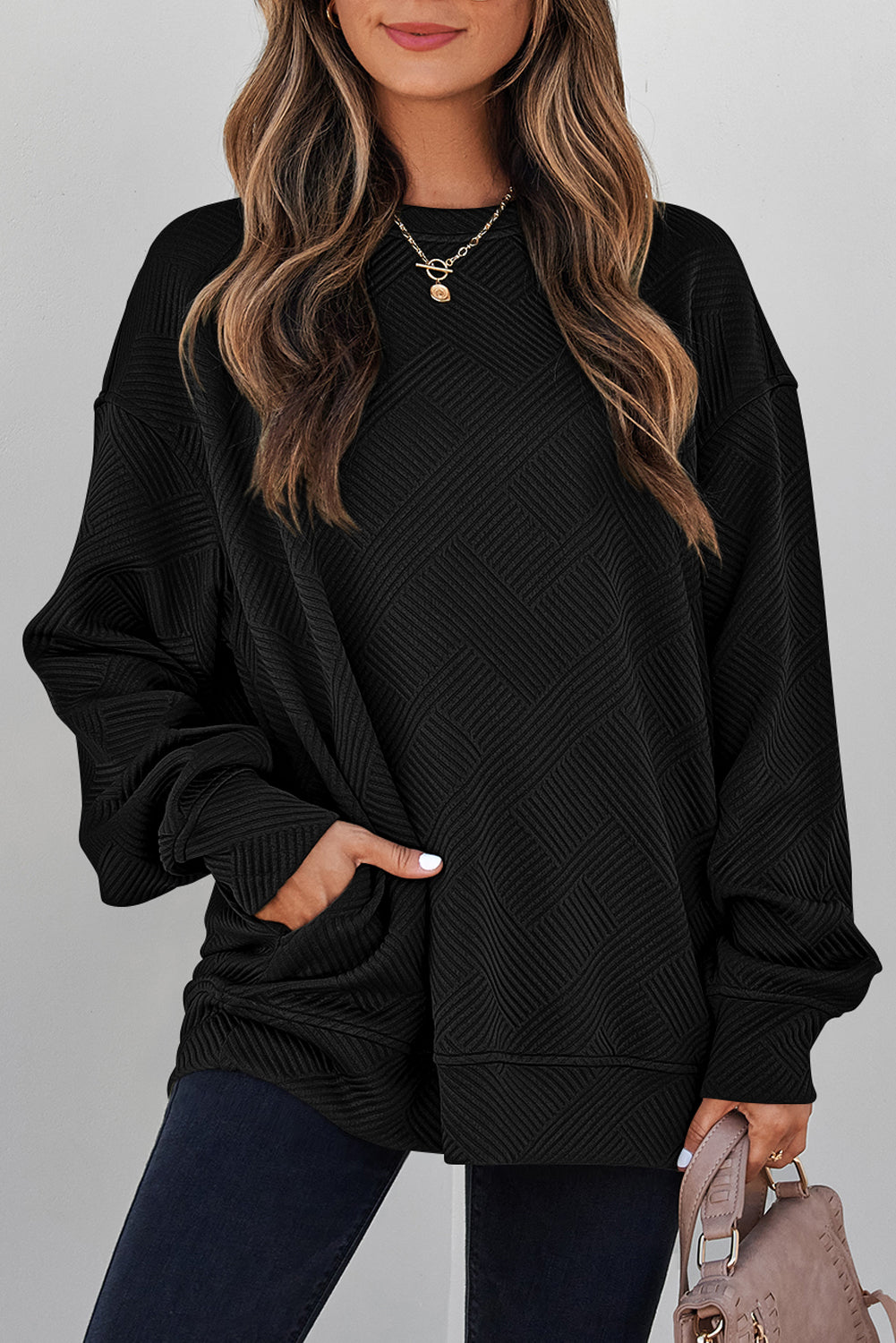 Solid Color Textured Round Neck Drop Shoulder Sweatshirt