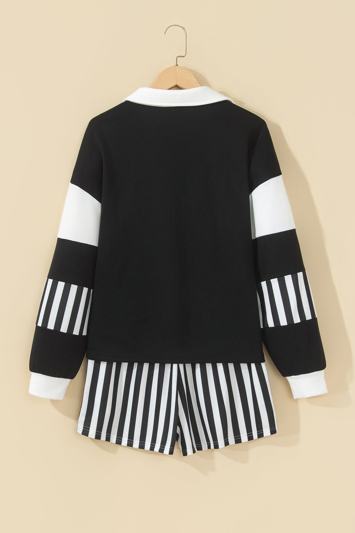 Striped Color Block Pullover Top Drawstring Shorts Set