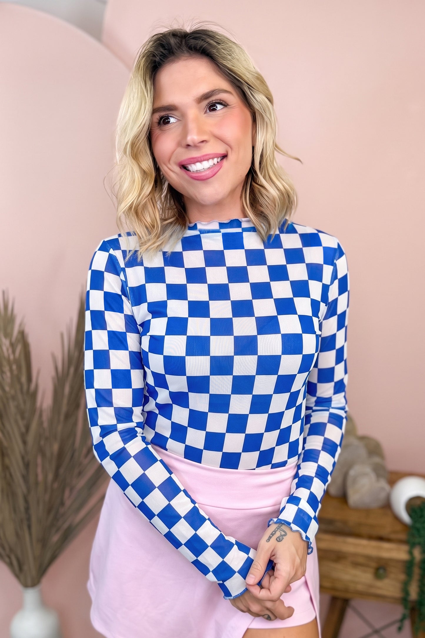 Checkered Long Sleeve Mesh Top