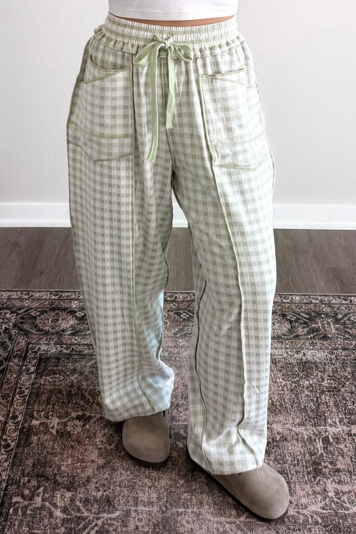 Plaid Contrast Trim Drawstring Elastic Waist Shift Pants