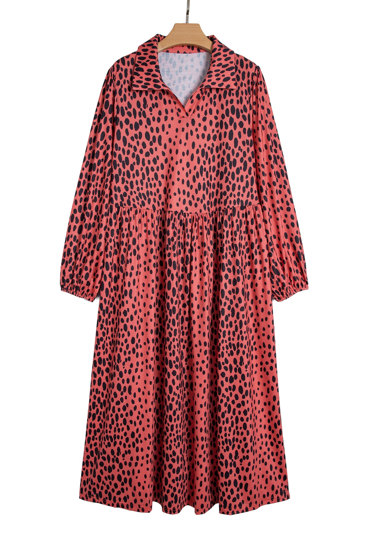 Red Leopard Print Long Sleeve V Neck Midi Dress