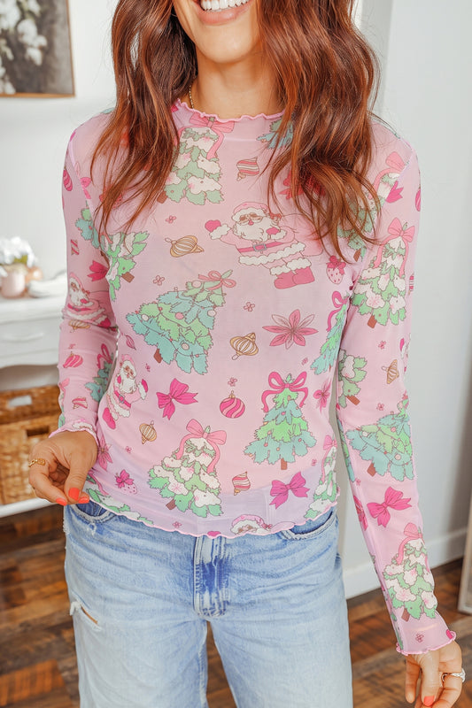 Pink Christmas Abstract Print Long Sleeve Mesh Top