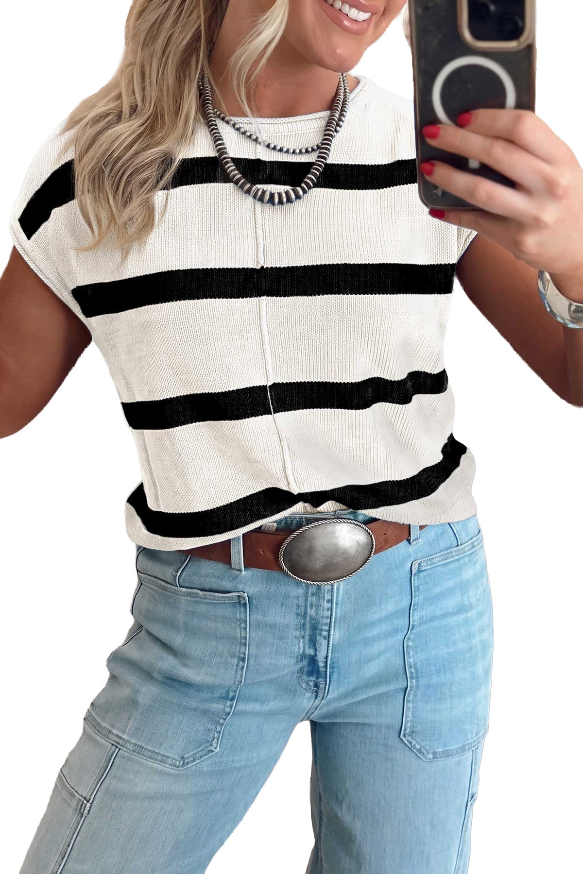 Striped Knit Short Sleeve Sweater