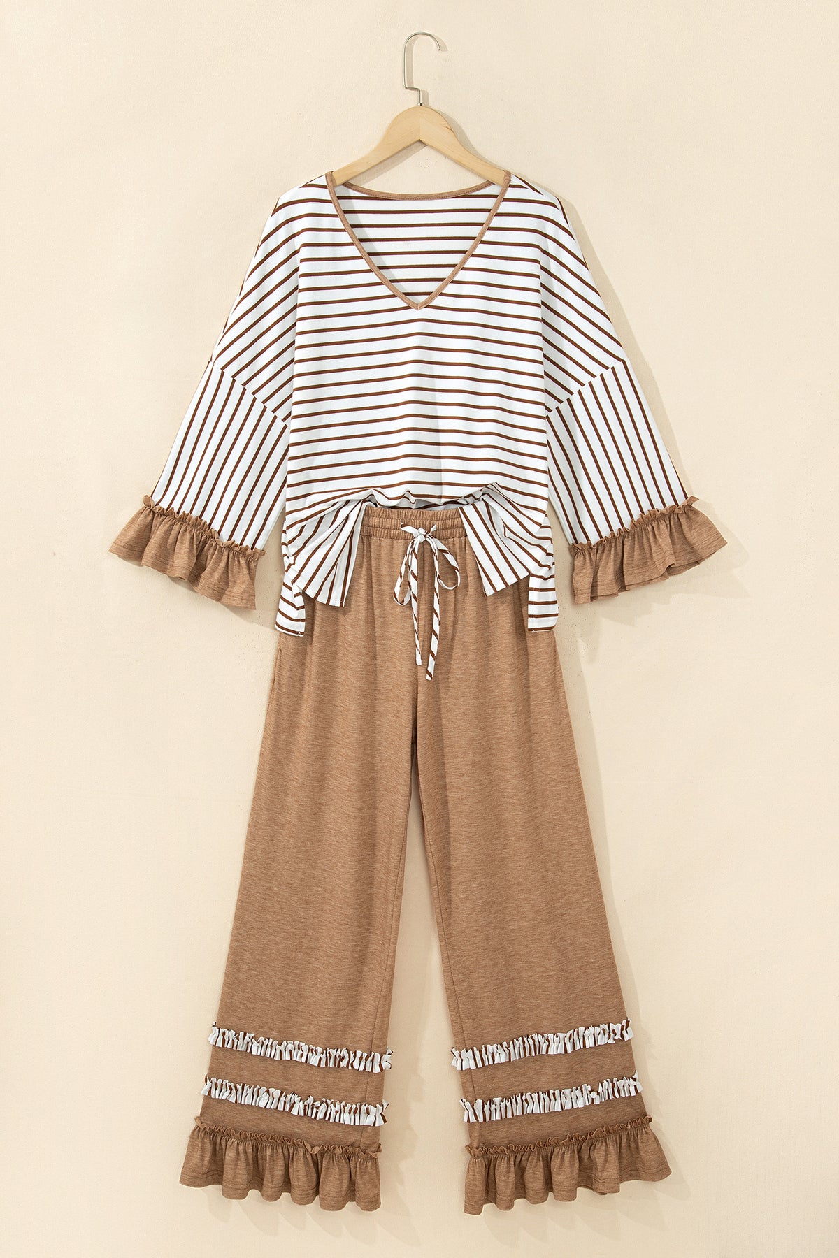 Striped V Neck Ruffle Contrast Sleeve Top Drawstring Pants Set