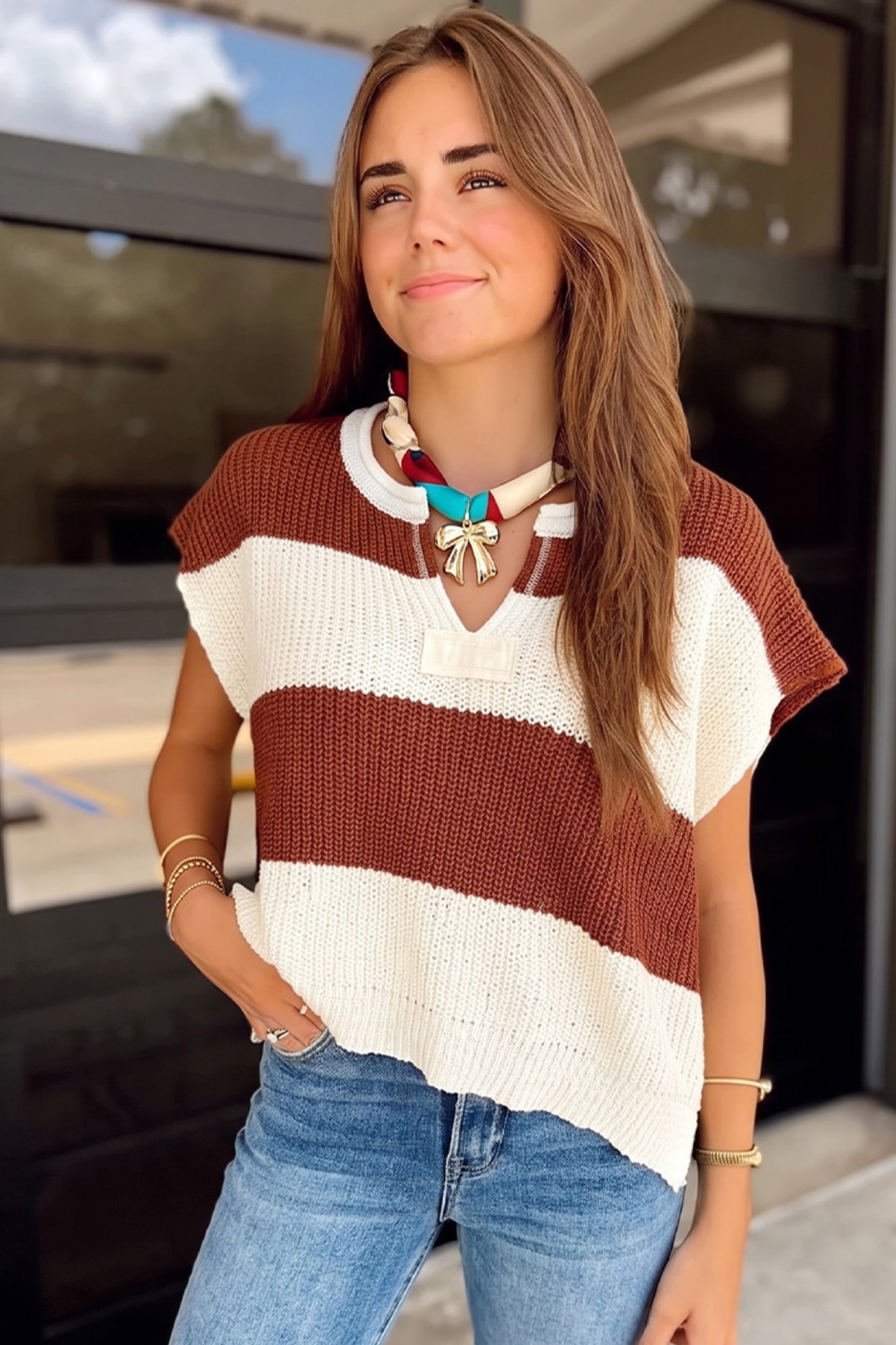 Stripe Striped Colorblock Knit V Neck Short Sleeve Loose Sweater