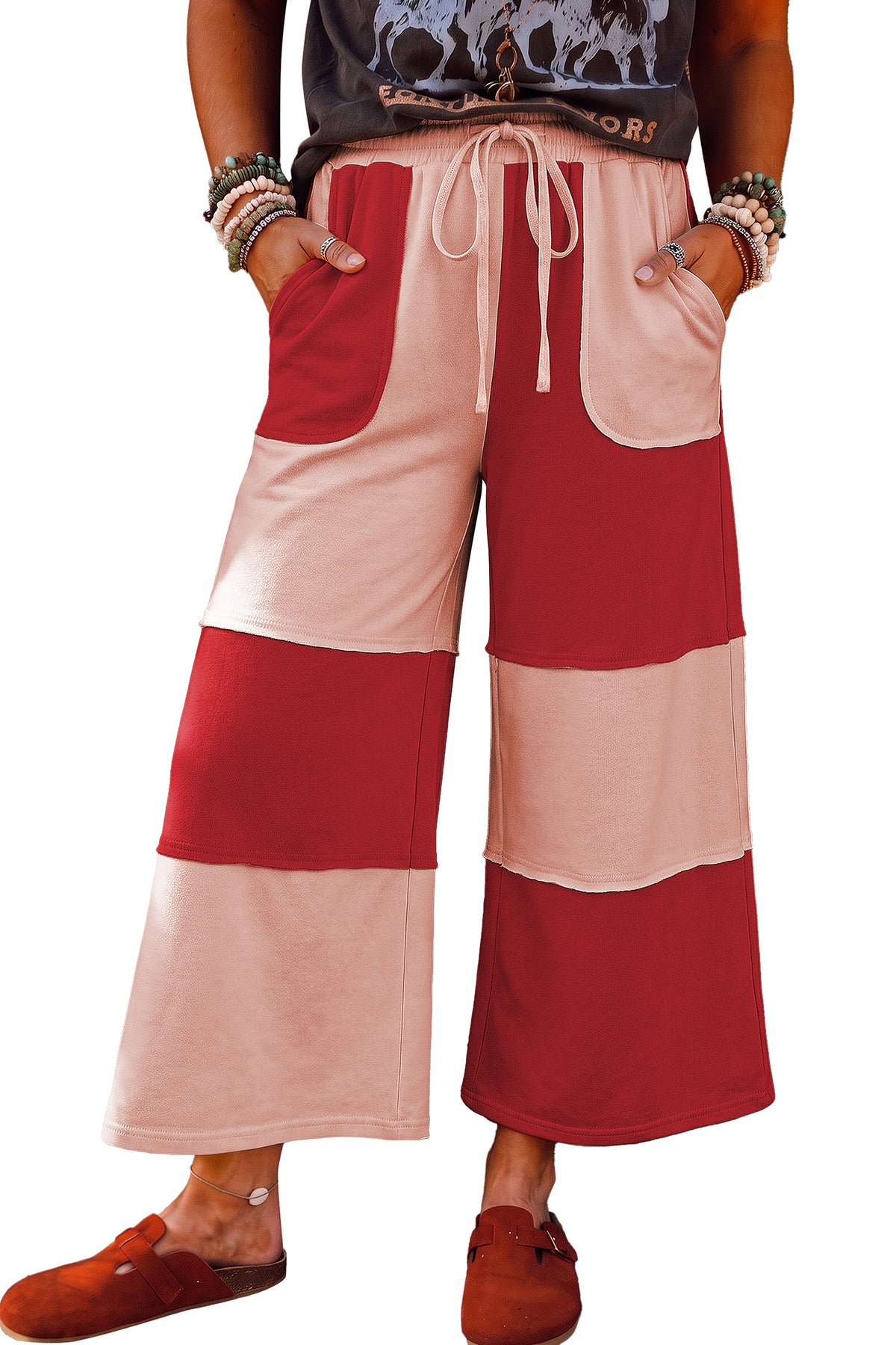 Raw Seam Colorblock Wide Leg Ankle Length Pants