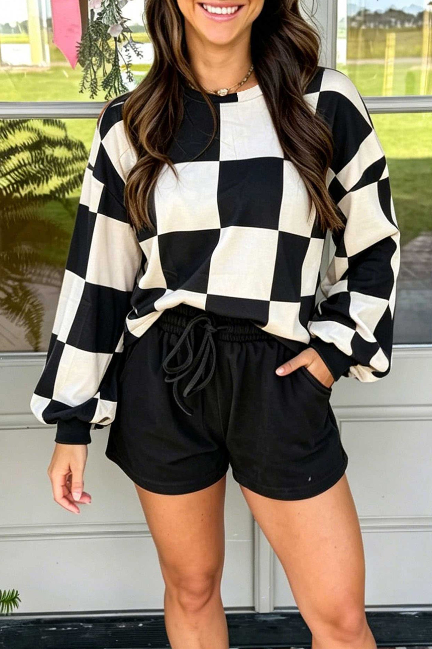 Checkered Long Sleeve Solid Color Shorts Set