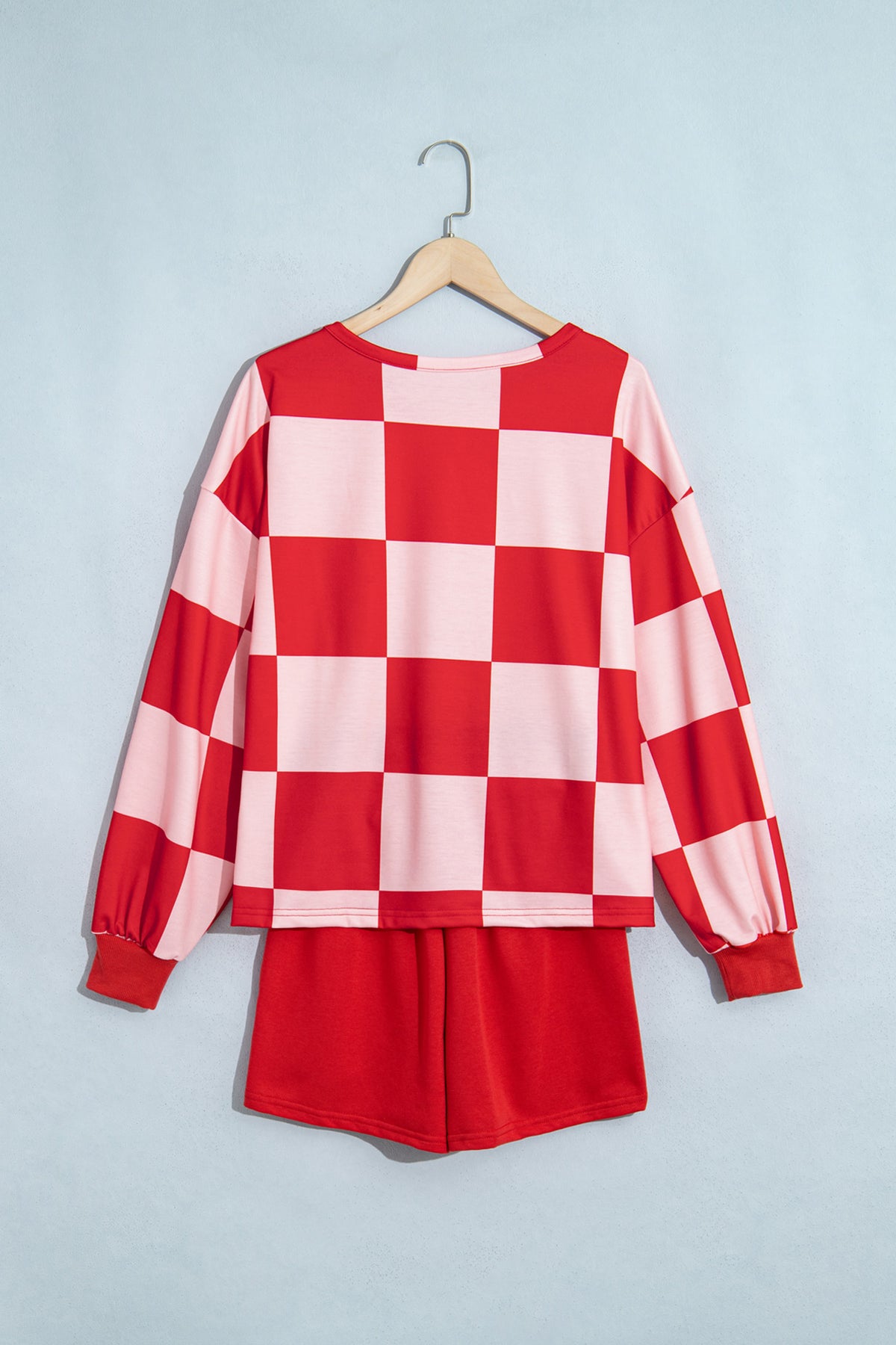 Checkered Long Sleeve Solid Color Shorts Set