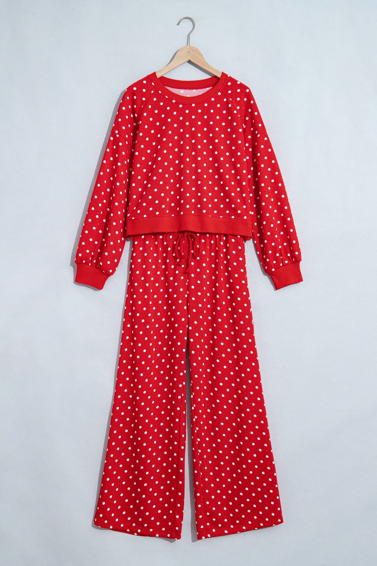 Polka Dot Drawstring Wide Leg Long Sleeve Top Pant Set