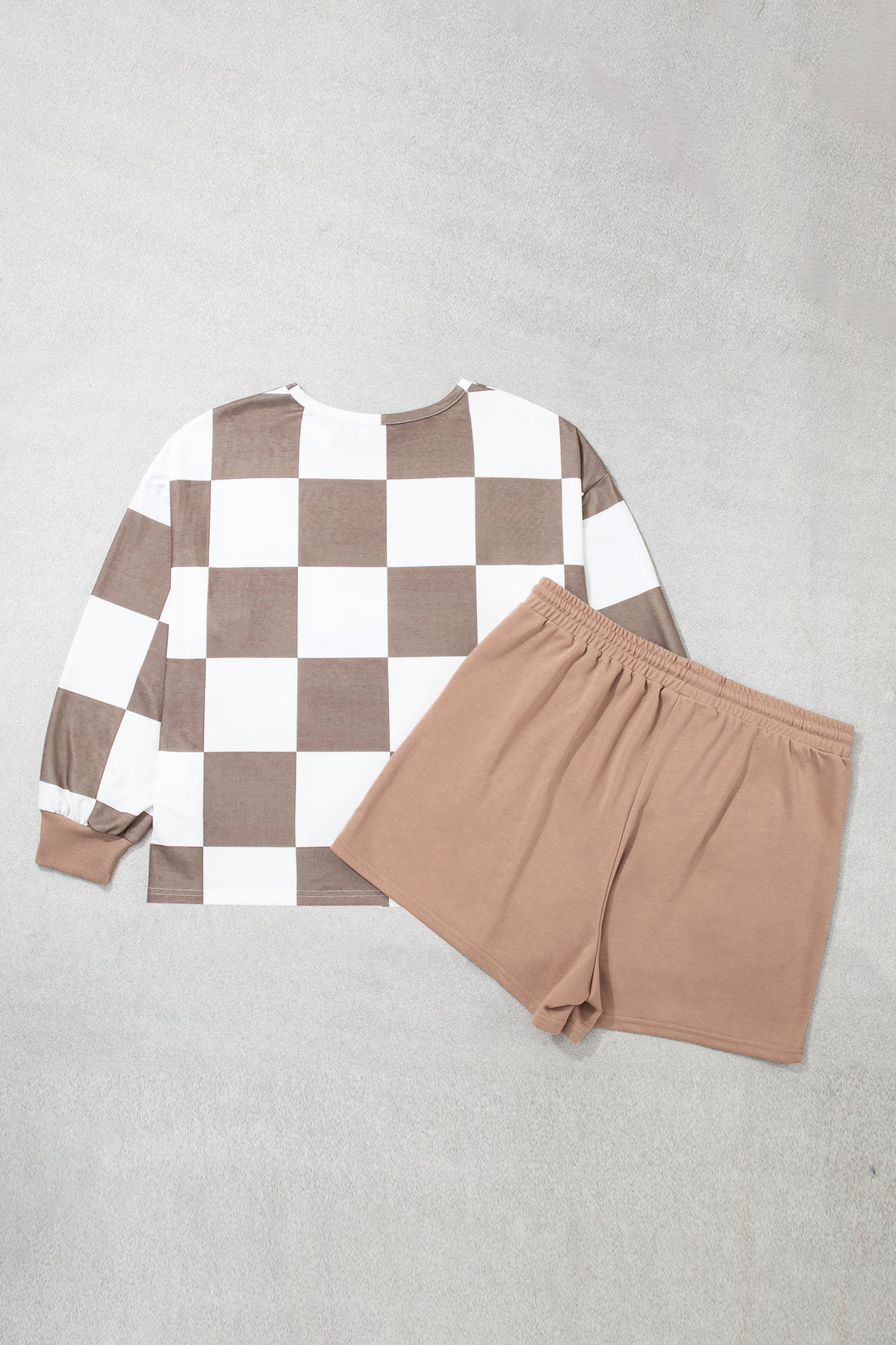Checkered Contrast Long Sleeve Top Solid Shorts Set