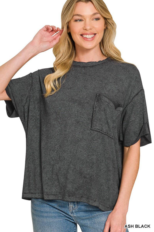 Zenana Washed Ribbed Cuffed Short Sleeve Round Neck Top - Multiple Colors