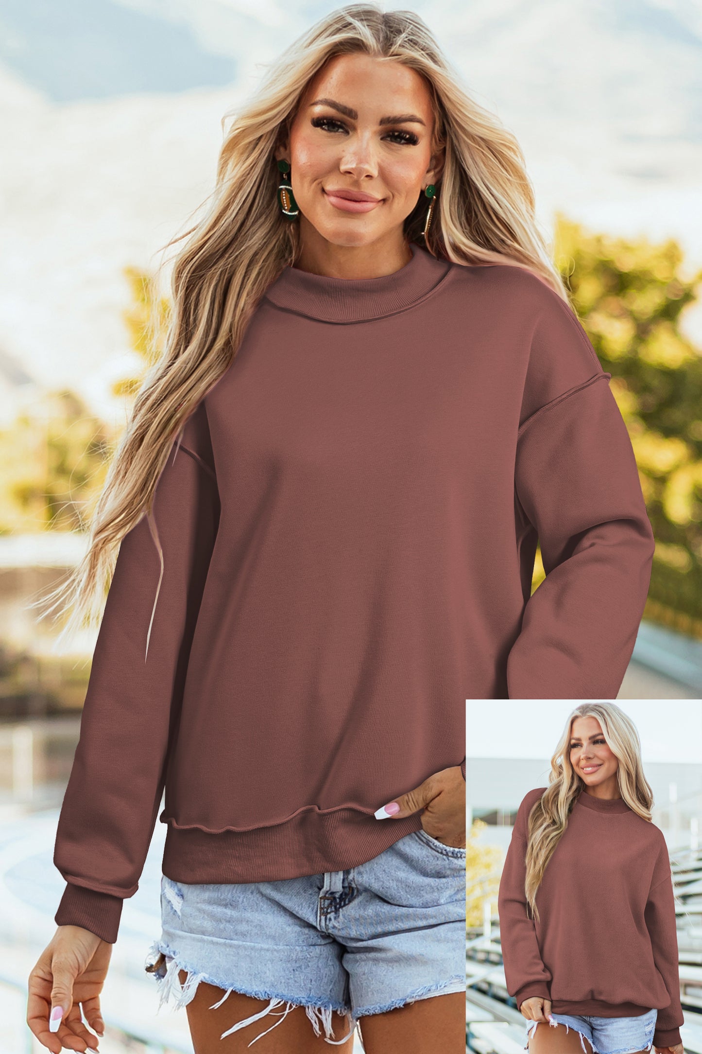 Oversized Drop Shoulder Reversible Mock Neck Sweatshirt