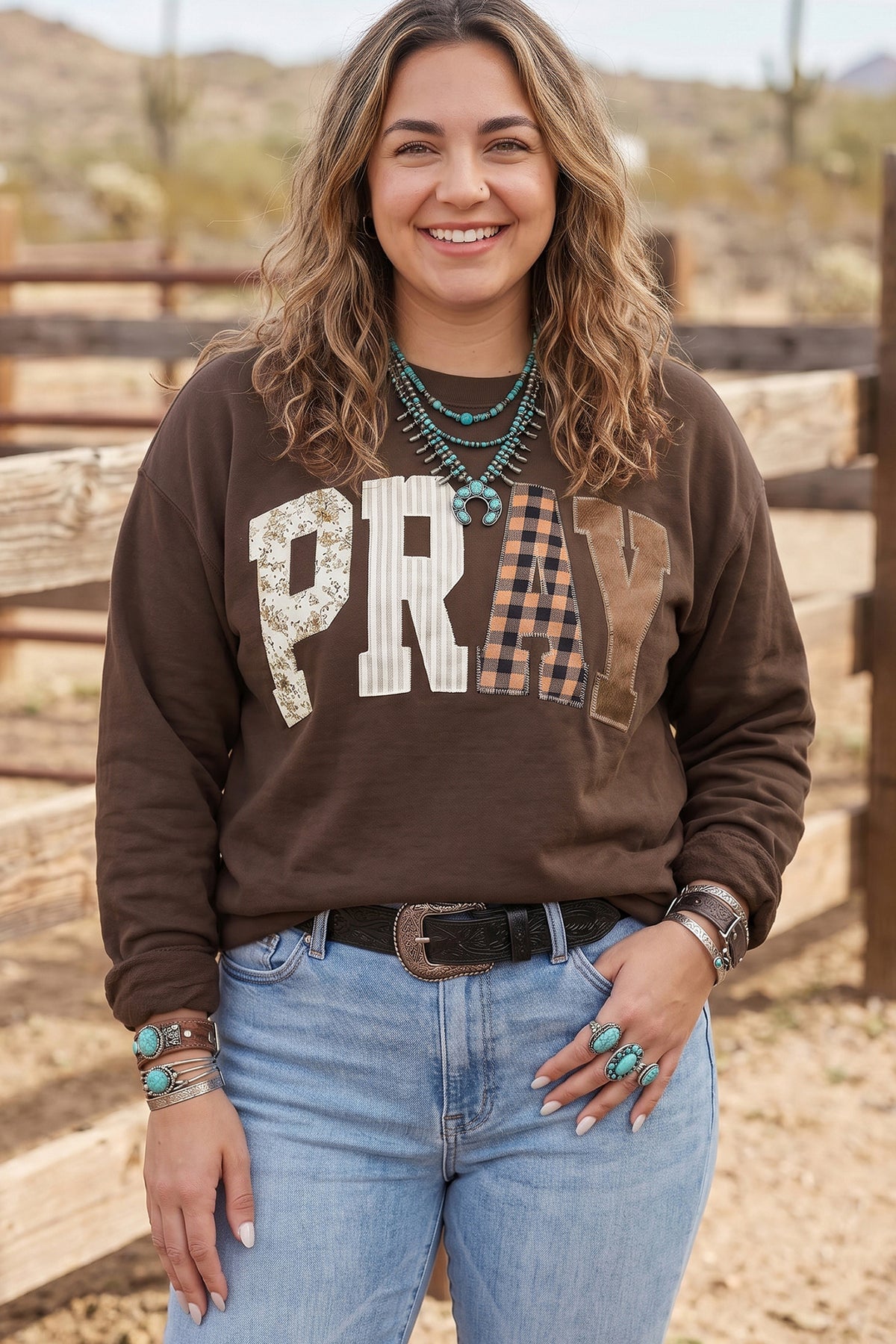 PRAY Letter Patchwork Round Neck Long Sleeve Plus Size Sweatshirt