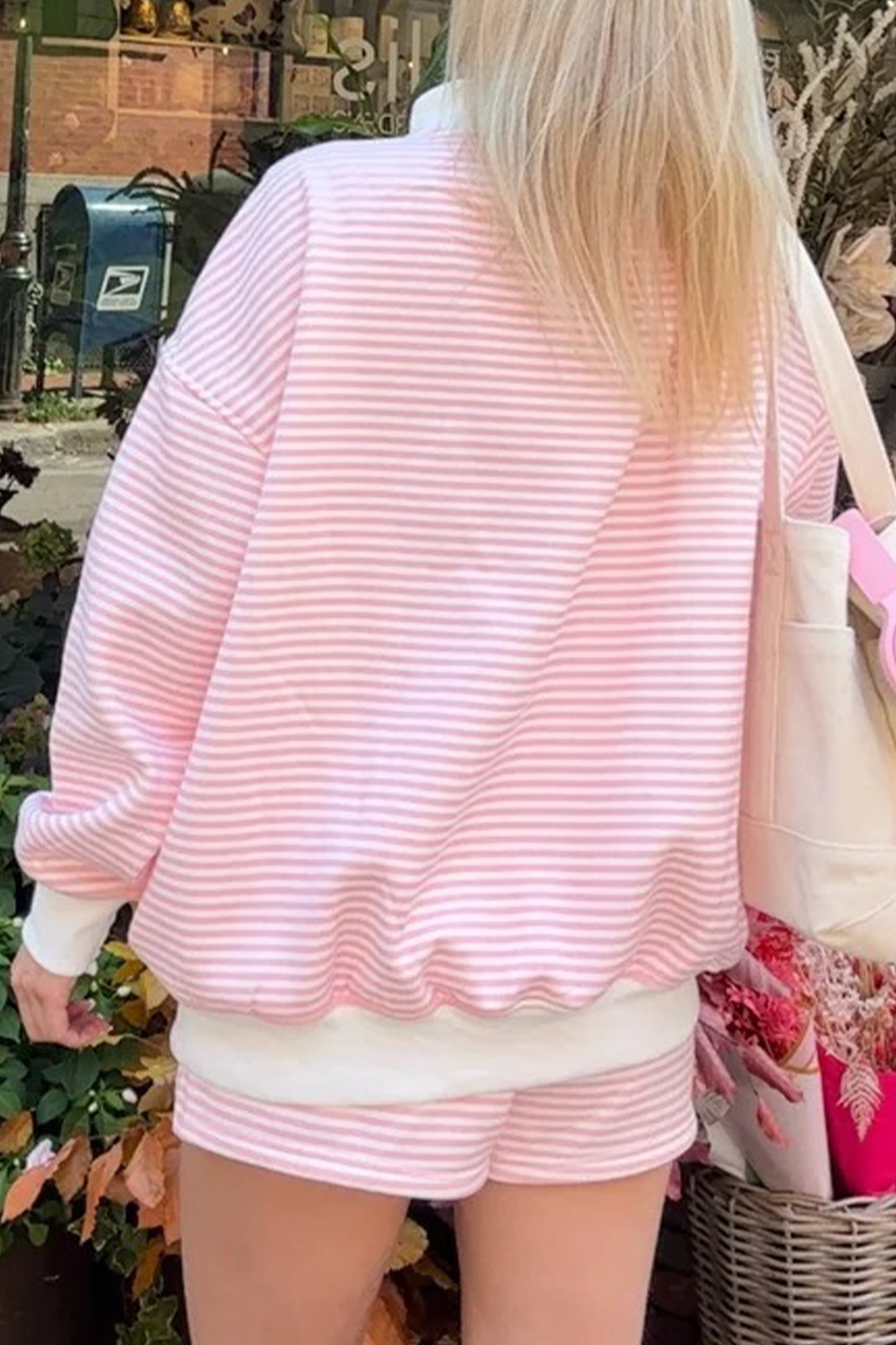 Red Stripe Oversize Mock Neck Sweatshirt and Shorts Set