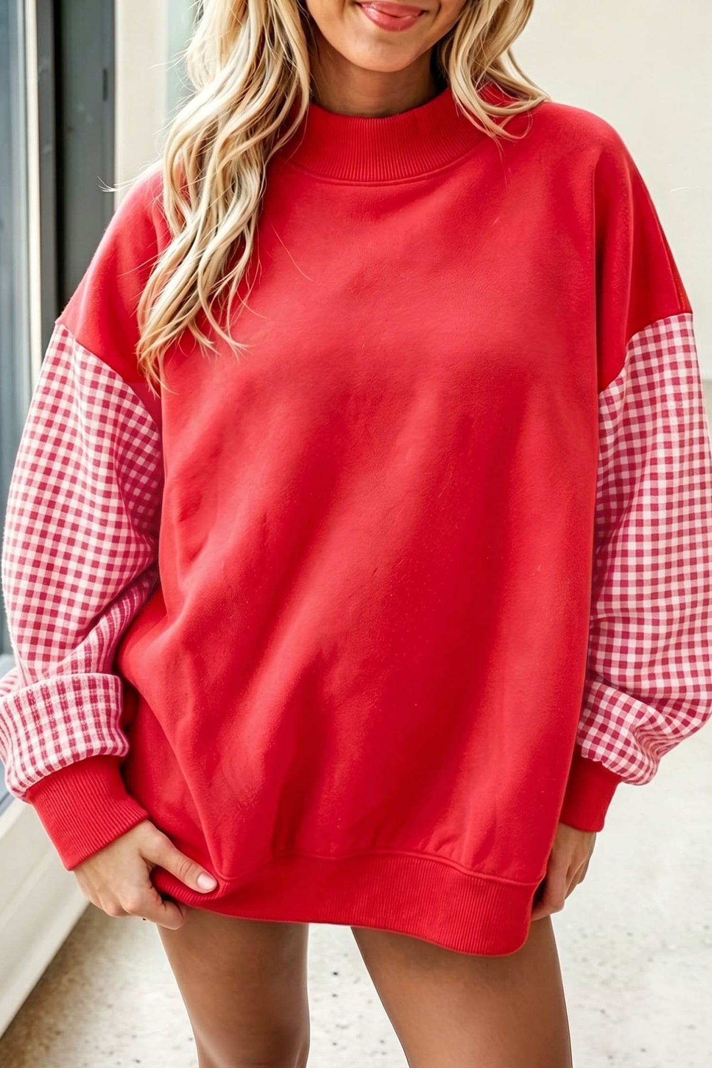 Plaid Sleeve Colorblock Loose Sweatshirt