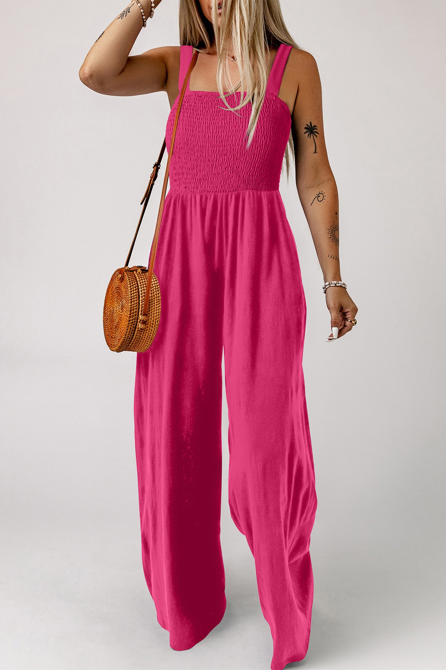 Smocked Square Neck Sleeveless Jumpsuit with Pockets